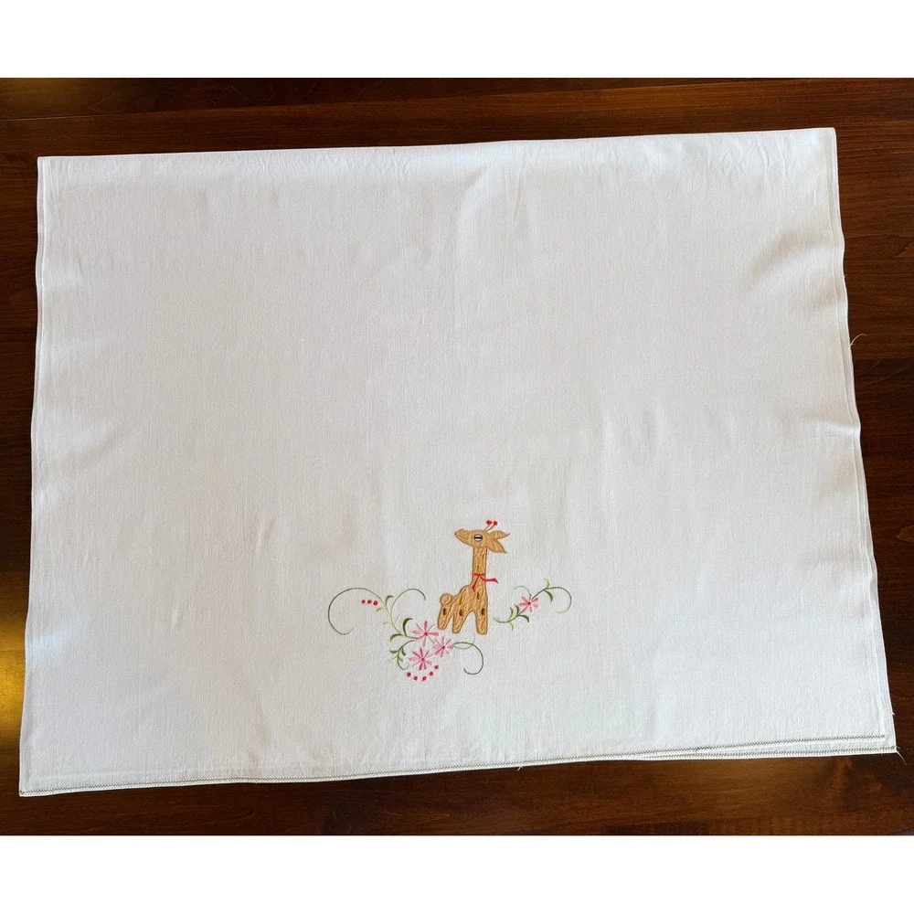 Vintage Hand Embroidered Giraffe Baby Crib Sheet‎ White Linen Nursery 34x52